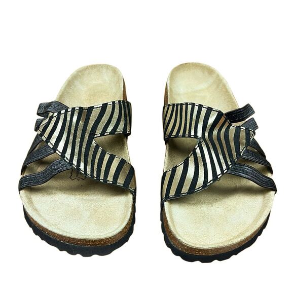 Betula by Birkentstock Gold Black Sandal Slip On Leather Flat Shoes Size 7 NWOB - Picture 6 of 7